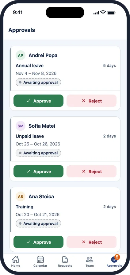 Approvals: the team's requests with approve and reject buttons
