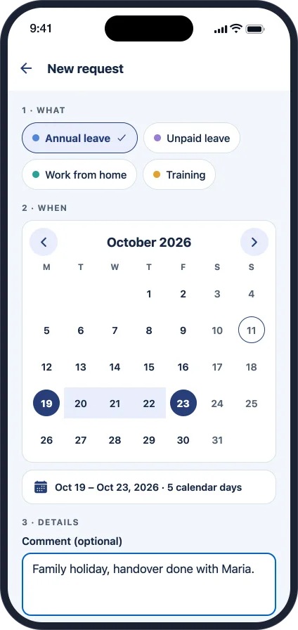 New request: the type, a period picked on the calendar and a comment