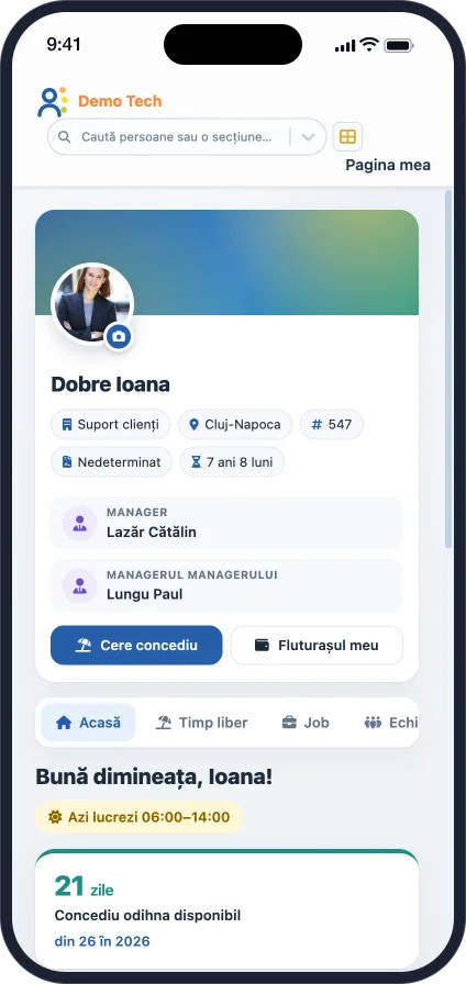 My Image pe telefon: fotografia, departamentul, managerii și butonul Cere concediu