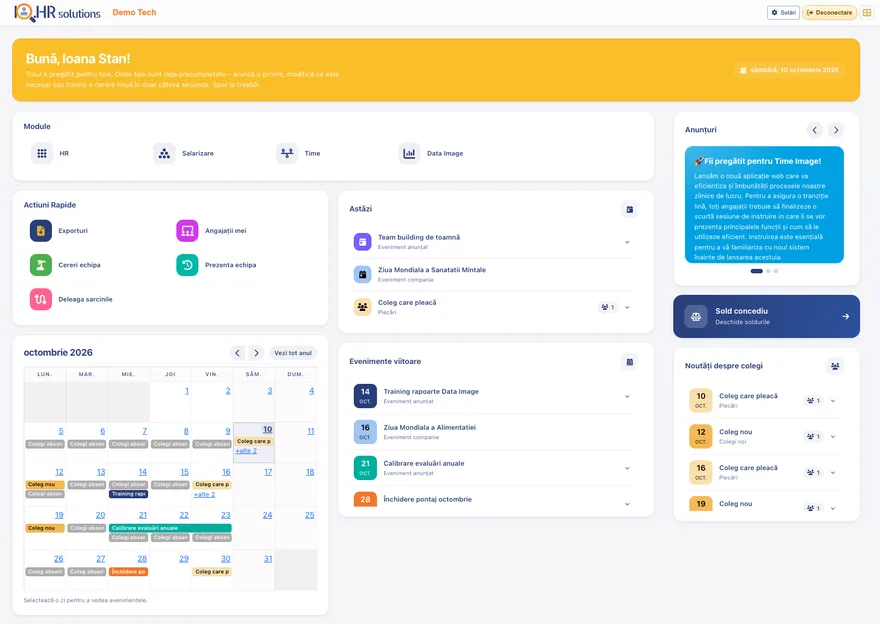 Home page: modules, quick actions, today's events, the team calendar, announcements and colleague news