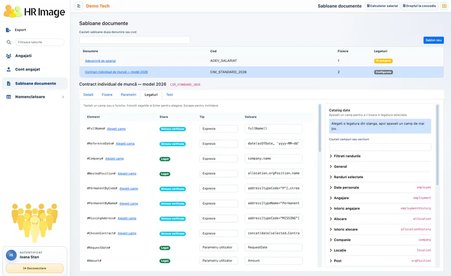 Document designer: linking template fields to employee data