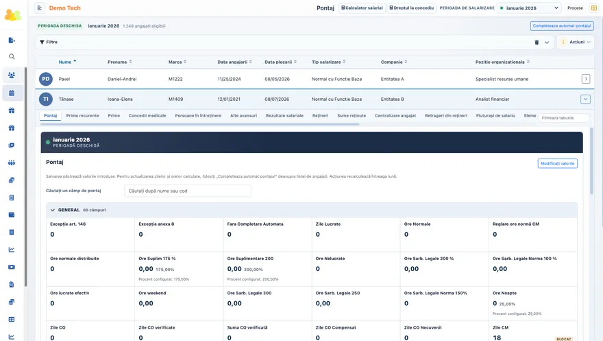 Monthly timesheet in the payroll module, with calculated and locked fields